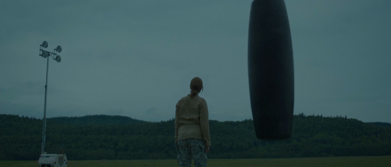 A woman standing in a green field looking up at an enormous black oval spacecraft hovering above the treeline, with a floodlight tower to her left.